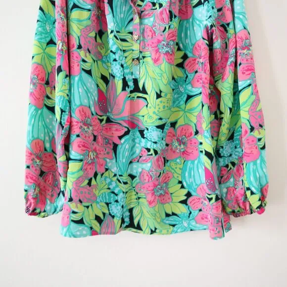 Lilly Pulitzer Size S 100% Silk Elsa Skip On It Top Blouse Frogs Floral - Picture 4 of 13